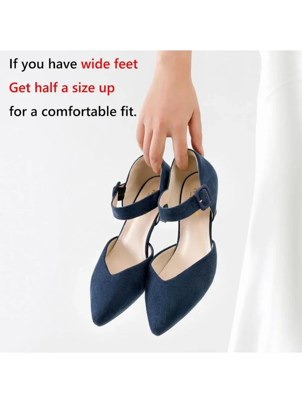 Women's Navy Closed Pointed Toe Ankle Strap Buckle Heels Slip on Low Heel Shoes
